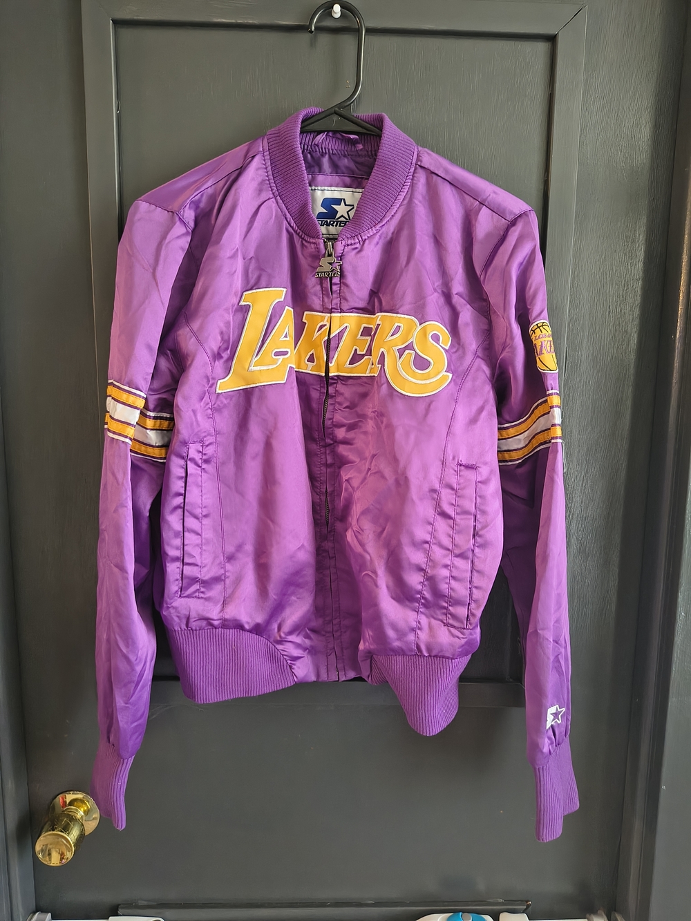 STARTER Purple Los Angeles Lakers Satin Bomber Jacket with Yellow Logo